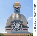 A vertical shot of the clocktower of Adams County Courthouse  Indiana, United States 