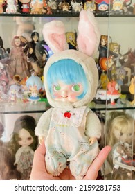 A Vertical Shot Of A Collector Holding A Cute Doll With A Bunny Costume