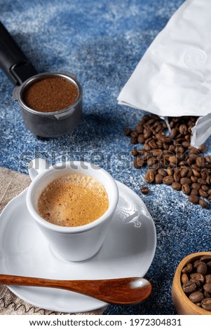 Similar – Image, Stock Photo Espresso maker and small cup in front of blue sky and the coast of Crete