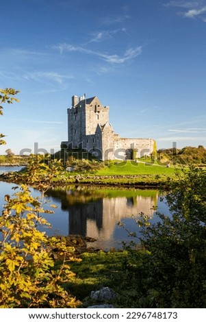 A vertical shot of Dunguaire Castle on a green hill, reflecting on a lake in Ireland on a sunny day