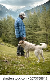 A Vertical Shot Of An East Asian Male With A White Beautiful Dog On The Nature Background