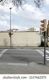 A Vertical Shot Of Empty Crosswalk In Barcelona, Catalonia