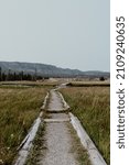 A vertical shot of the empty trail in the field  Yellowstone National Park, United States 