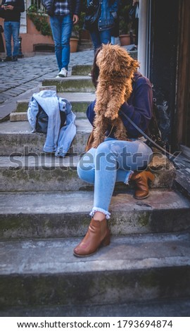A vertical shot of a female in casual clothes sitting outside with a fluffy dog