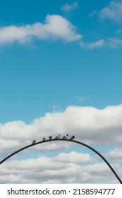 A Vertical Shot Of Pigeons Perching On An Arched Metal Bar Against Blue Cloudy Sky