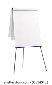Vertical shot of a presentation board with a blank paper on it isolated on white background