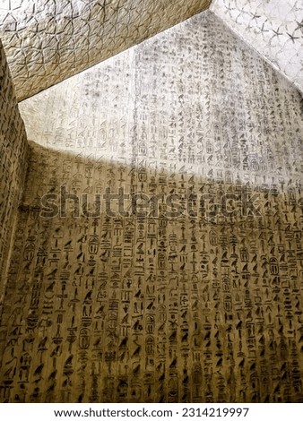 A vertical shot of the Pyramid Texts inscribed on the wall of a subterranean room in Teti's pyramid, at Saqqara