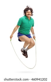 Vertical Shot Of A Retro Athlete Exercising With A Skipping Rope Isolated On White Background