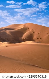 A vertical shot of the sand dunes in the Sahara desert, Morocco, on a clear blue sky day. - Shutterstock ID 2295390319