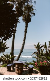 A Vertical Shot Of Seats And A Table On The Coast Of The Pacific Ocean In Baja California, Mexico