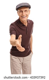 Vertical Shot Of A Senior Man Giving His Hand For A Handshake Towards The Camera Isolated On White Background