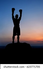 Vertical shot of a silhouette of a muscular fit boxing fighter celebrating winning with a victorious gesture raising his arms in gloves up in the air sunset on the background copyspace achievement .