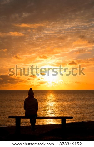 Vertical shot of the Silhouette of a woman sitting on a bench looking at the tranquil sunset over the ocean