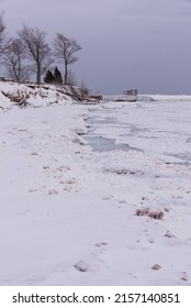 A Vertical Shot Of Snow-covered Upper Peninsula, Michigan, USA, Lake Superior, Great Lakes In Winter