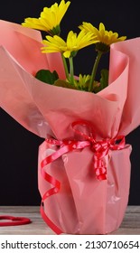 Vertical Shot, Yellow Flowering Plant Of The Aster Family, With Gift Wrap On The Table.