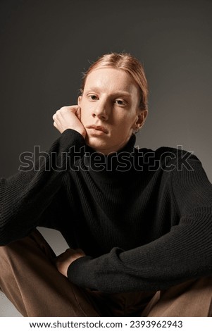 Similar – Image, Stock Photo Charming non binary looking through ring lamp near eyeshadow