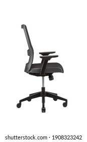 A Vertical Side View Of Black Office Chair Isolated On White Background