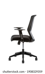 A Vertical Side View Of Black Office Chair Isolated On White Background