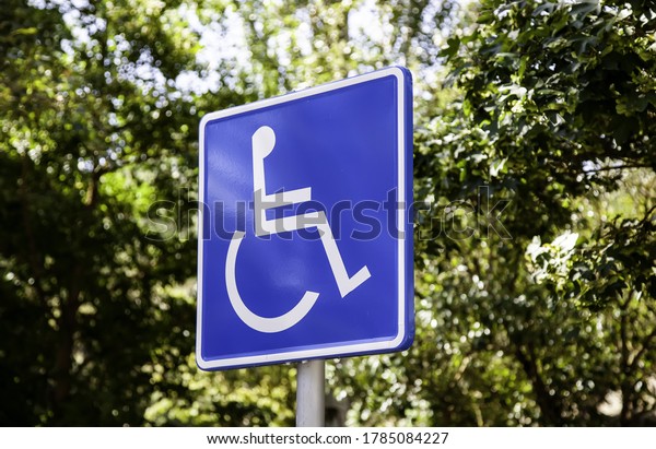 Vertical sign for disabled people, detail of\
information sign, facilities for\
people