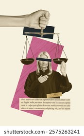 Vertical sketch 3d artwork collage poster of hand hold justice scales verdict jurisprudence trial old woman court process swear arm