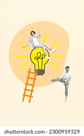 Vertical sketch collage of two young colleagues teamwork bright shine lightbulb decision invention idea ladder isolated on beige background - Shutterstock ID 2300959329