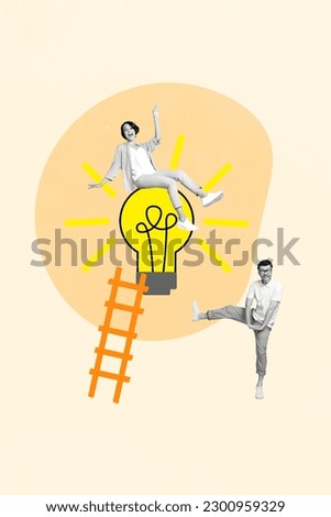 Vertical sketch collage of two young colleagues teamwork bright shine lightbulb decision invention idea ladder isolated on beige background