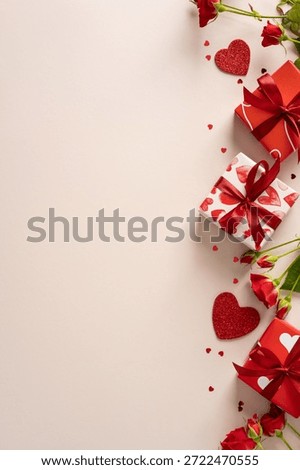 A vertical soft beige background features red gift boxes with white and red ribbons, scattered heart shapes and rose stems, creating a romantic Valentine’s Day scene perfect for promotions