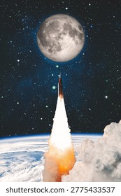 Vertical space background of a rocket launching from Earth to a giant moon
