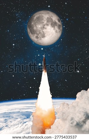 Vertical space background of a rocket launching from Earth to a giant moon