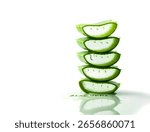 A vertical stack of five fresh aloe vera slices, showcasing their translucent gel. A single drop of gel drips from the second slice, with the words "ALOE VERA" subtly visible in the pooled liquid.