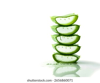 A vertical stack of five fresh aloe vera slices, showcasing their translucent gel. A single drop of gel drips from the second slice, with the words "ALOE VERA" subtly visible in the pooled liquid.