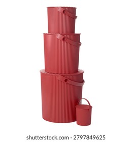 A vertical stack of three red lacquered wooden buckets with rope handles, showcasing a glossy finish and natural wood texture. The buckets are arranged neatly, emphasizing traditional...