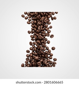 Vertical stream of roasted coffee beans on a white background