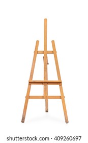 Vertical Studio Shot Of An Empty Wooden Painting Easel Isolated On White Background