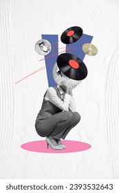 Vertical surreal photo collage of young headless woman sit in club party discotheque with disco ball instead of head vinyl record cd on creative background - Shutterstock ID 2393532643