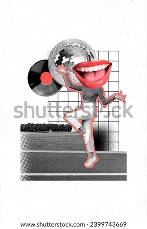 Vertical unusual funny photo collage of young woman female headless instead huge mouth dance jump outdoor have fun vinyl record discoball party black white effect