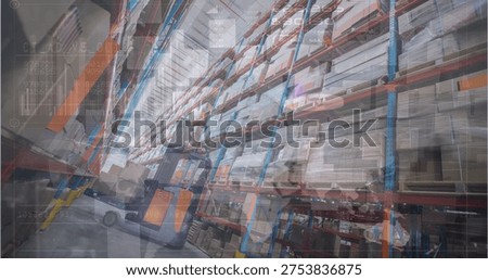 Vertical video: Order pinging worker wearing hi-vis driving pallet jack with data HUD, copy space. Warehouse, logistics, inventory, racking, automation, monitoring, overlay