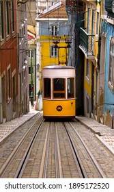 Vertical view of the Bica Funicular (Elevador da Bica), Lisbon, Portugal. Space for text.