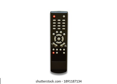 Vertical view, Black appliances remote control on white background.