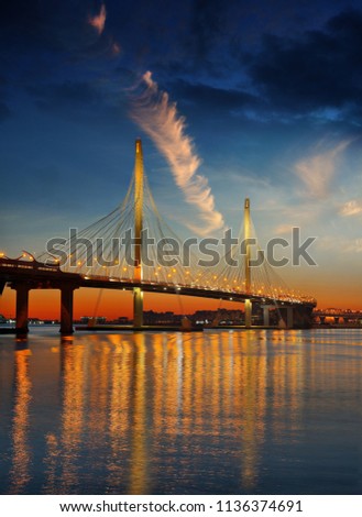 Vertical view of the cable-stayed bridge and the Western high-speed diameter in St. Petersburg