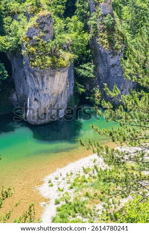 Vertical view of the cliff and river in Gorges du Tarn, Saint-Chély-du-Tarn village, French canyon