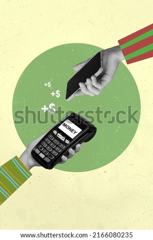 Vertical view collage picture of two hands using mobile buying goods service store in green circle isolated over beige color background