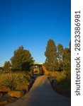 Vertical view of a curving pedestrian path leading through native landscaping to a community park shelter at Stockade Park in Aintree, Victoria, Australia, with expansive blue-sky copy space.