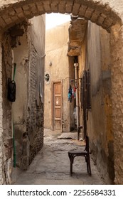 Vertical view of empty old traditional street in arab poor country in daily life