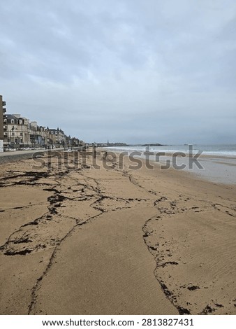 Vertical view of an empty sandy beach with seaweed trails under an overcast sky in Saint-Malo, Brittany, France, for coastal travel tourism and moody background copy space.