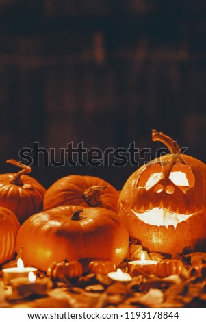 Similar – Foto Bild Spooky carved halloween pumpkin and scary mystery fire ghosts