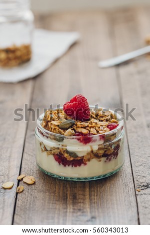 Similar – Chia-Joghurt mit Himbeeren im Glas auf Holz