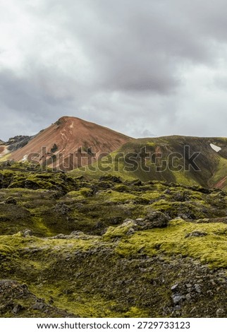 A vertical view of the lava fields and colourful volcanic mountains of the Landmannalaugar Region of central Iceland