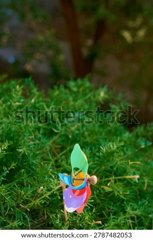 Vertical view of a multicolored wind spinner in a domestic garden representing green energy concepts, childhood memories, and home decoration.