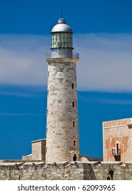 Vertical view othe lighthouse tower in El Morro in Havana, Cuba